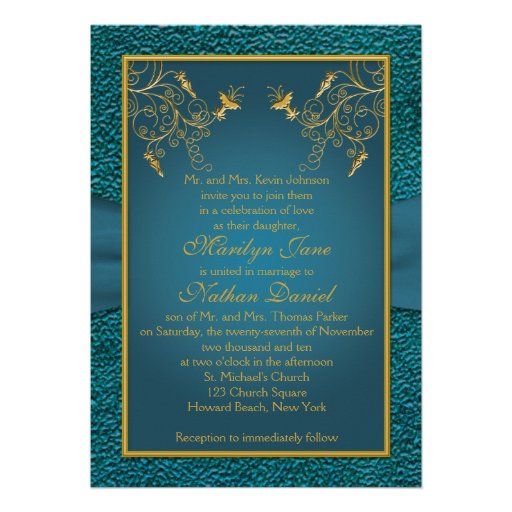 Gold on Teal Monogrammed Wedding Invitation