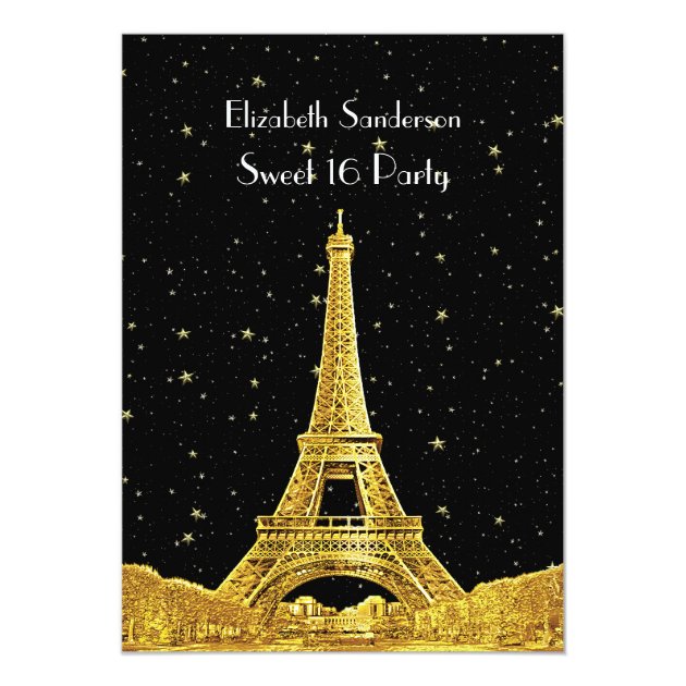 Gold Paris France Skyline #2 Bk Starry Sweet 16 V Card (front side)