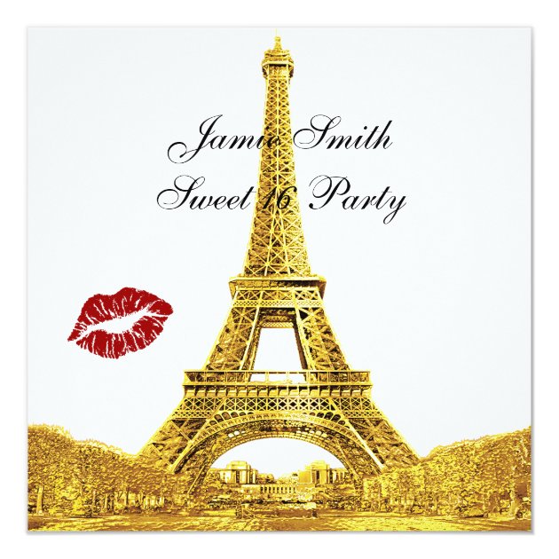 Gold Paris France Skyline Kiss #2 Sweet 16 SQ Card (front side)