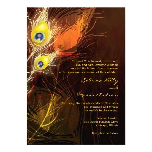 Gold Peacock Feather Flames Fall Wedding Invites