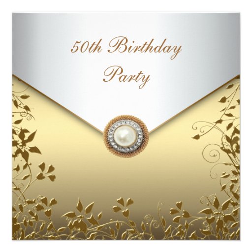 Gold Pearl Floral Womans 50th Birthday Party Invitations