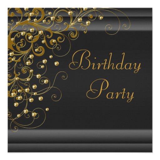 Gold Pearl Swirl Womans Black Gold Birthday Party Announcement