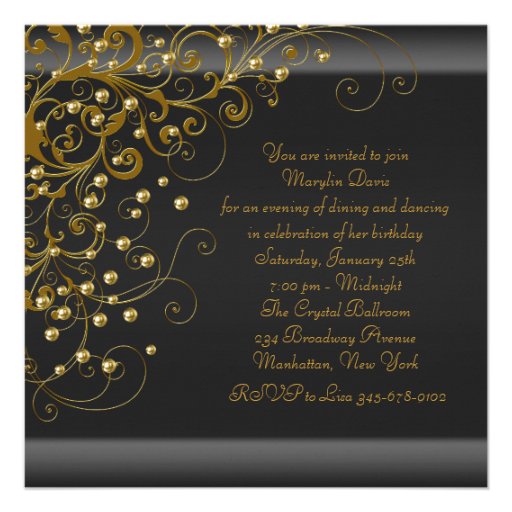 Gold Pearl Swirl Womans Black Gold Birthday Party Announcement