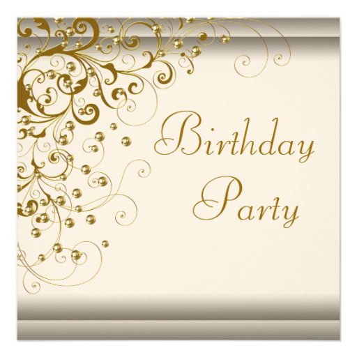 Gold Pearl Swirl Womans Ivory Gold Birthday Party Announcement