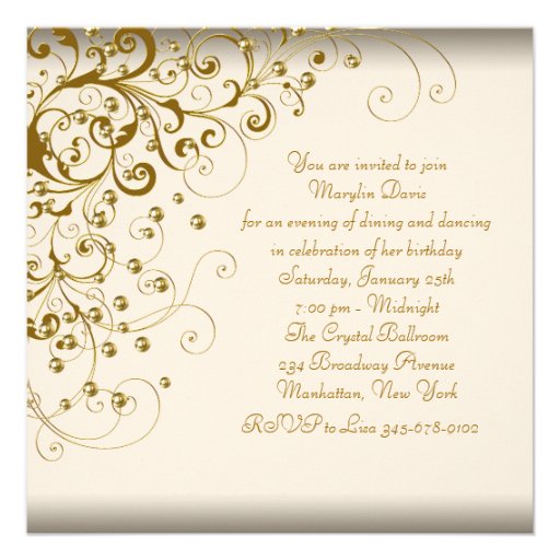 Gold Pearl Swirl Womans Ivory Gold Birthday Party Announcement