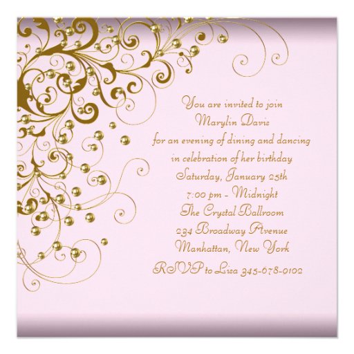Gold Pearl Swirl Womans Pink Gold Birthday Party Custom Invites