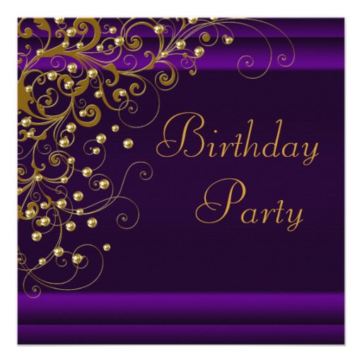 Gold Pearl Swirl Womans Purple Birthday Party Custom Announcement (front side)