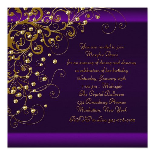 Gold Pearl Swirl Womans Purple Birthday Party Custom Announcement