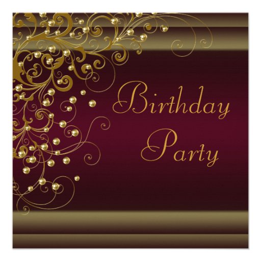 Gold Pearl Swirl Womans Red Wine Birthday Party Custom Announcements