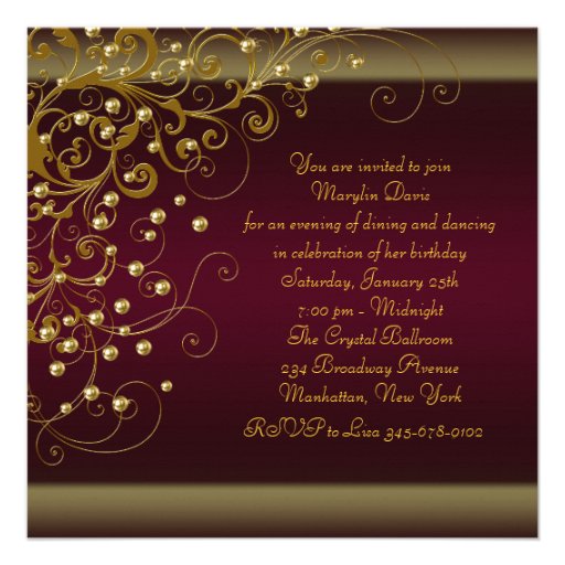 Gold Pearl Swirl Womans Red Wine Birthday Party Custom Announcements