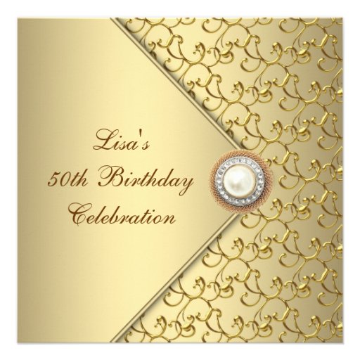 Gold Pearl Womans 50th Birthday Party Personalized Invitation (front side)