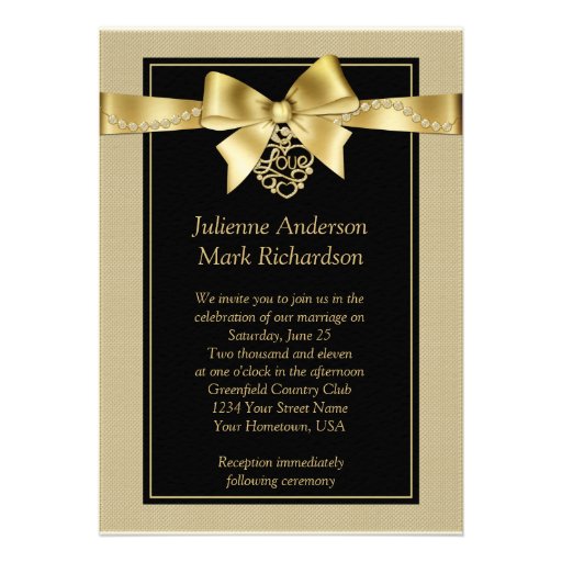 Gold Pearls and Ribbon on Black Wedding Invitation