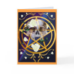 Gold Pentagram-Skull-White Roses Card