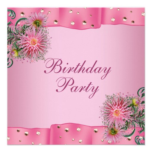 Gold Pink Dahlia Womans Birthday Party Custom Invite (front side)