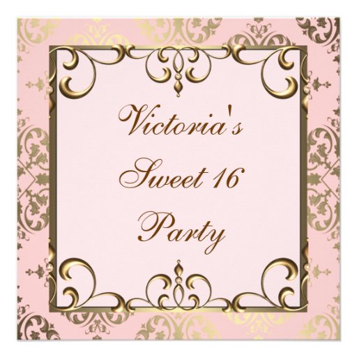 Gold Pink Damask Sweet 16 Birthday Party Invitation