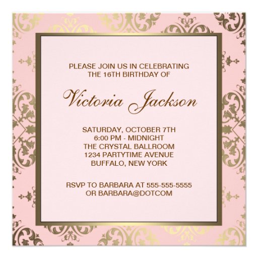 Gold Pink Damask Sweet 16 Birthday Party Invitation