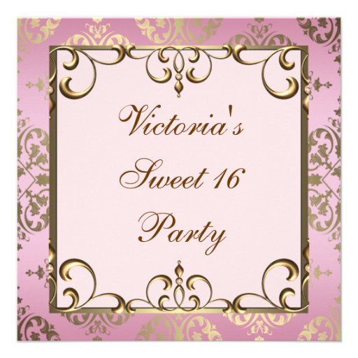 Gold Pink Damask Sweet 16 Birthday Party Custom Invites