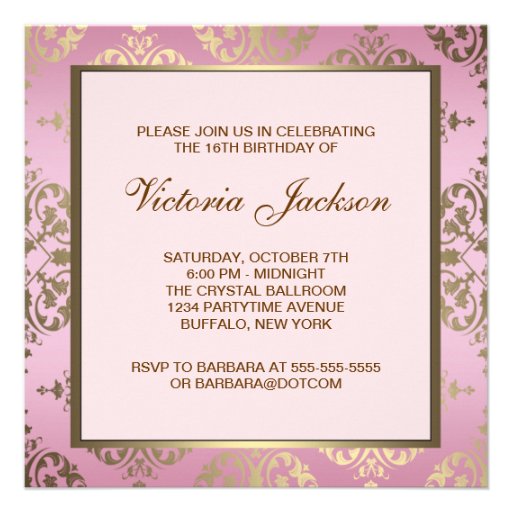 Gold Pink Damask Sweet 16 Birthday Party Custom Invites