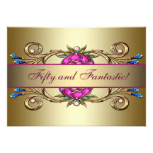 Gold Pink Flower Womans 50th Birthday Party Custom Invitation