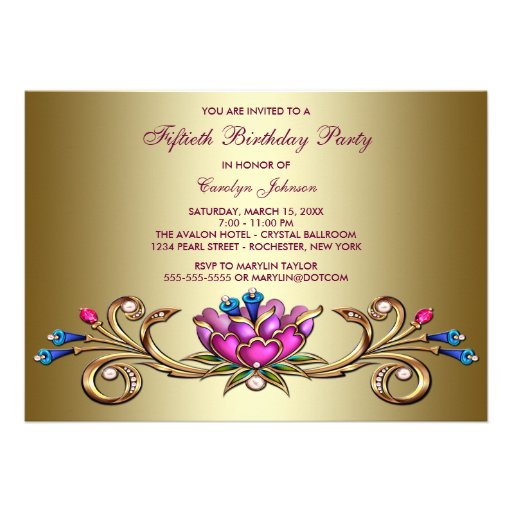 Gold Pink Flower Womans 50th Birthday Party Custom Invitation