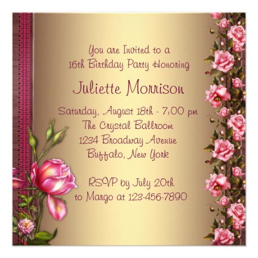 Gold Pink Rose Sweet Sixteen Birthday Party Personalized Invitations