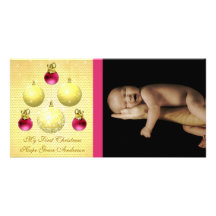 Gold & Plum Ornaments My 1st Christmas Baby Photo Customized Photo Card