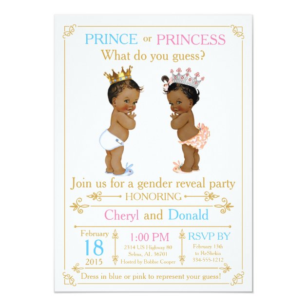 Gold Prince or Princess Gender Reveal Baby Shower Card (front side)