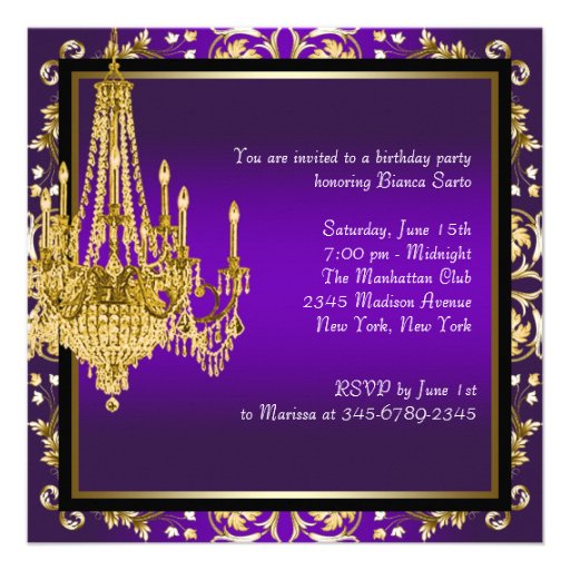 Gold Purple Chandelier Birthday Party Custom Invitation