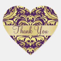 Gold & Purple Damask Thank You Heart Sticker