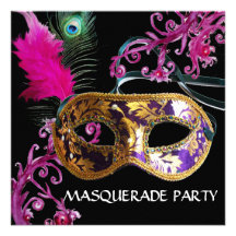 GOLD PURPLE FEATHER DAMASK  MASK Masquerade Party Custom Invitations