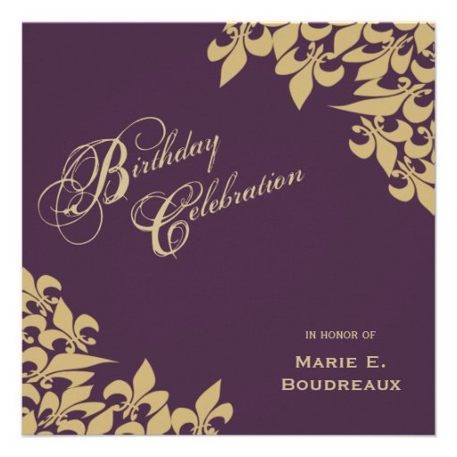 Gold Purple Fleur de Lis Milestone Birthday Party Invitations