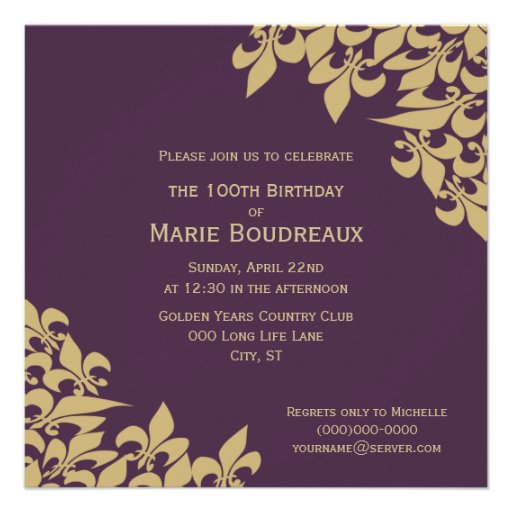 Gold Purple Fleur de Lis Milestone Birthday Party Invitations