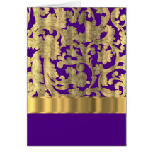Gold & purple floral damask pattern greeting cards