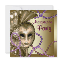 Gold Purple Mardi Gras Beads Masquerade Party Personalized Invite