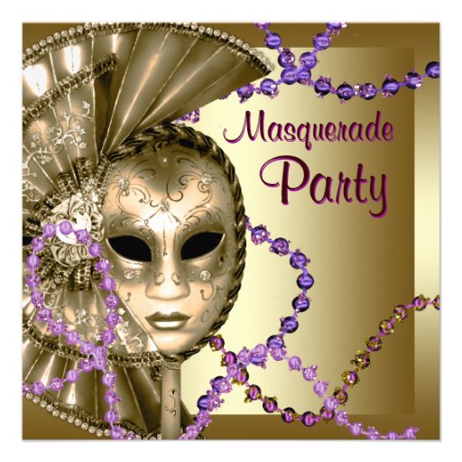 Gold Purple Mardi Gras Beads Masquerade Party Personalized Invite (front side)