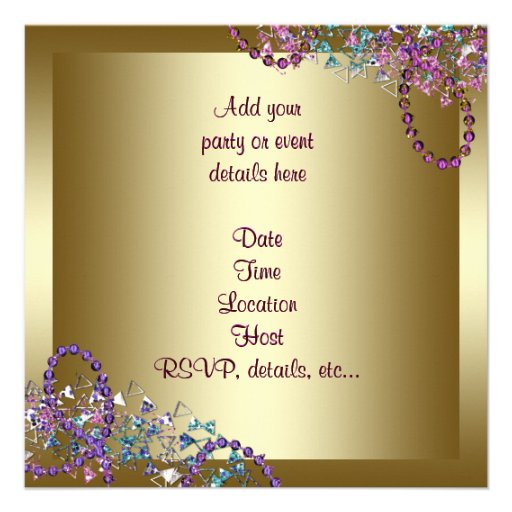 Gold Purple Mardi Gras Beads Masquerade Party Personalized Invite