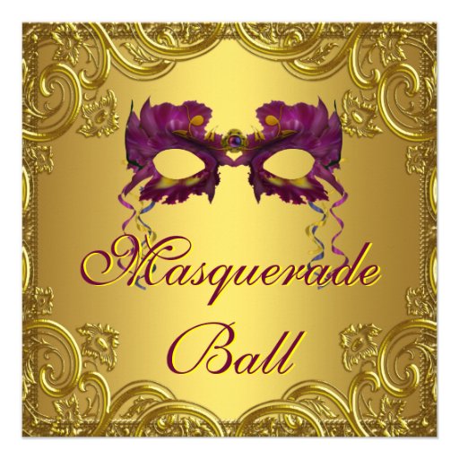 Gold Purple Mask Purple Masquerade Ball Party Personalized Announcements