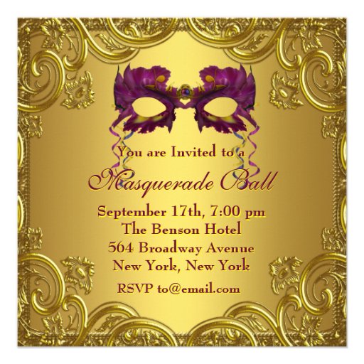 Gold Purple Mask Purple Masquerade Ball Party Personalized Announcements