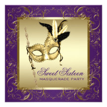 Gold Purple Sweet Sixteen Masquerade Party Custom Announcement