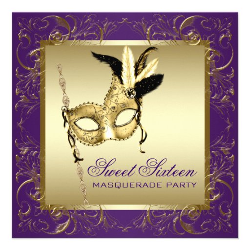 Gold Purple Sweet Sixteen Masquerade Party Custom Announcement