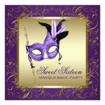 Gold Purple Sweet Sixteen Masquerade Party Custom Announcement