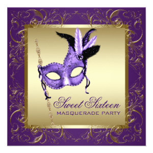 Gold Purple Sweet Sixteen Masquerade Party Custom Announcement