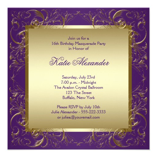 Gold Purple Sweet Sixteen Masquerade Party Custom Announcement