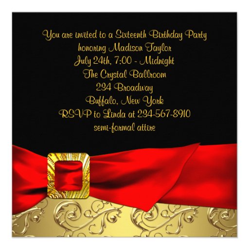 Gold Red Black Sweet 16 Birthday Party Custom Invite