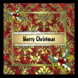Gold Red Damask Hollyberry Christmas Card Template invitations