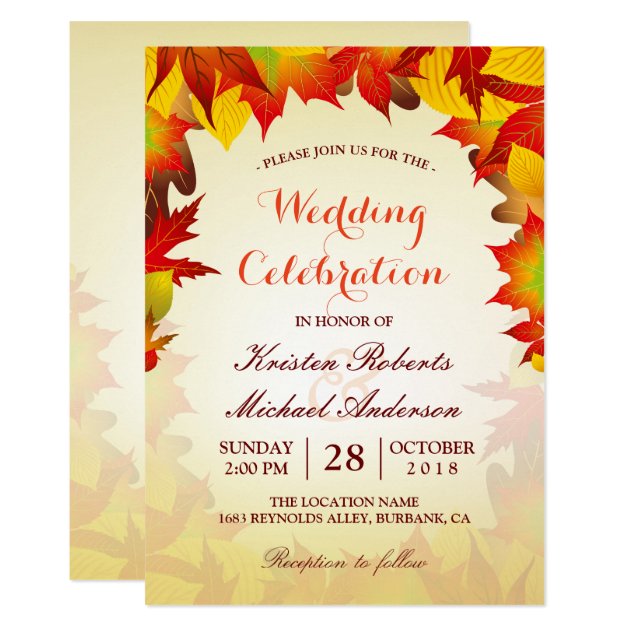 Gold Red Fall Leaves | Autumn Wedding Celebration Card (front side)
