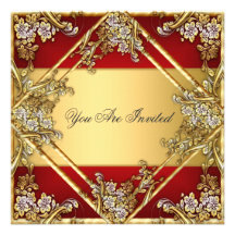 Gold Red Floral Frame Party Invitation Gold Red