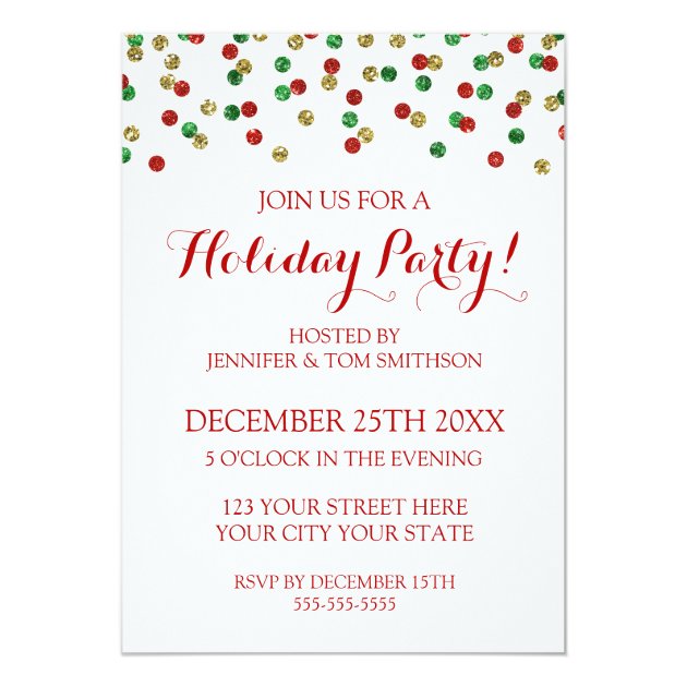 Gold Red Green Glitter Confetti Christmas Party Card (front side)
