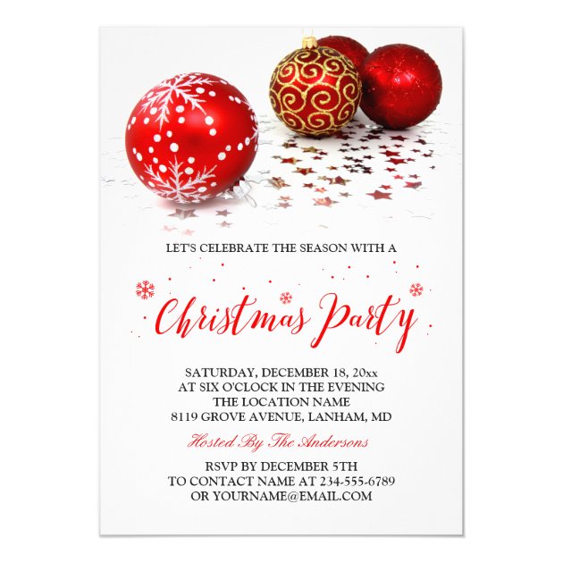 Gold Red Ornaments Simple Stylish Christmas Party Card (front side)