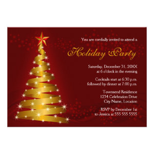 Gold Ribbon Christmas Tree Holiday Party Personalized Announcements